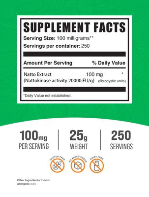 BulkSupplements.com Nattokinase 2000 FU Powder - Sourced from Natto Extract, Nattokinase Supplement - 100mg of Natto Powder per Serving, 25g (0.88 oz) (Pack of 1)