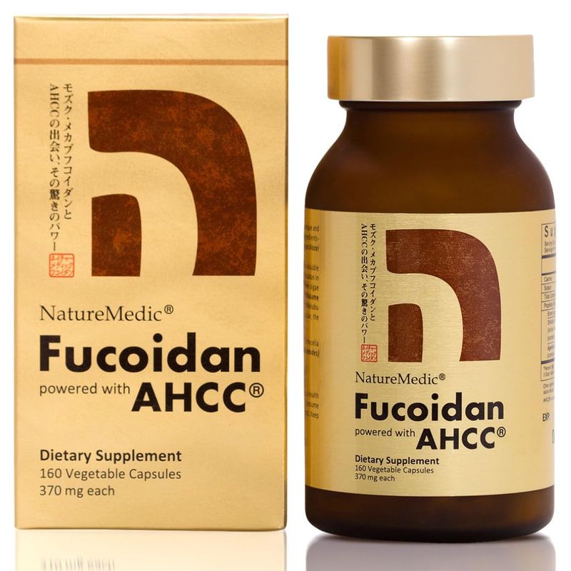 NatureMedic Fucoidan Powered with AHCC Brown Seaweed Immunity Supplement with High Purity Organic Mekabu Mozuku Agaricus 1 Bottle - 160 Vegetable Capsules Made in Japan