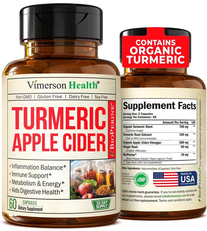 Organic Apple Cider Vinegar Capsules with Tumeric and Ginger for Joint Health, Metabolic &amp; Digestive Support. 60 ACV Capsules. Turmeric Apple Cider Vinegar Supplements Made in the USA. Vegan &amp; Non-GMO