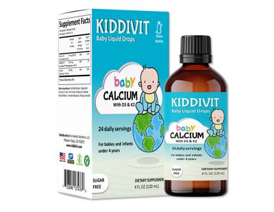 Kiddivit Baby Calcium Liquid Drops with Vitamin D3 &amp; K2-24 Daily Servings, 4 Fl Oz (120 mL) - Inulin Fortified (Prebiotic, Dietary Fiber) - Sugar Free, Gluten Free, Vegetarian Friendly