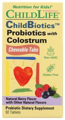 CHILDLIFE ESSENTIALS ChildBiotics - Probiotics for Kids, Probiotics for Digestive Health, Kids Probiotic Chewables, Children&#39;s Probiotic, Colostrum for Kids, Gluten Free - Natural Berry, 92 Tablets