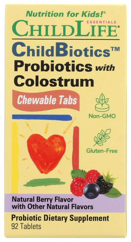 CHILDLIFE ESSENTIALS ChildBiotics - Probiotics for Kids, Probiotics for Digestive Health, Kids Probiotic Chewables, Children&#39;s Probiotic, Colostrum for Kids, Gluten Free - Natural Berry, 92 Tablets