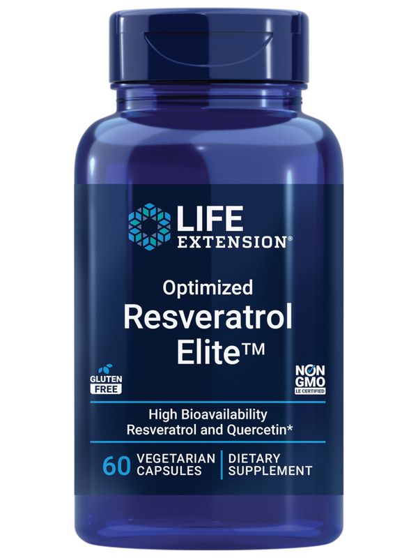 Life Extension Optimized Resveratrol Elite, Trans-resveratrol, quercetin, Healthy Aging, Heart Health, Brain Health, oxidative Stress, Gluten-Free, Non-GMO, Vegetarian, 60 Capsules