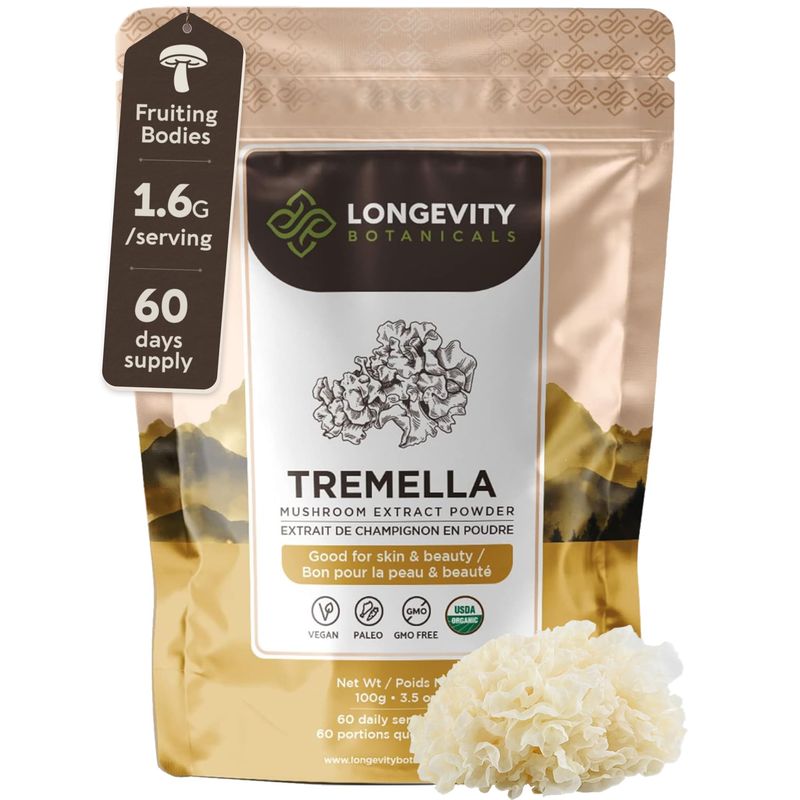 Longevity Botanicals Organic Tremella Mushroom Powder - Ultra Concentrated Tremella Mushroom Supplement - Promotes Healthy Skin and Memory - 100% Fruiting Body - 100 Grams
