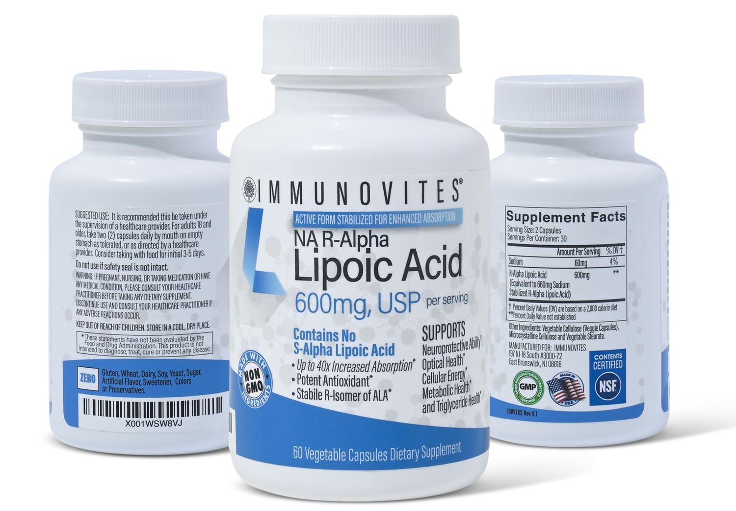 IMMUNOVITES 3-Pack Stabilized R-Alpha Lipoic Acid ((True)) 600mg per Serving [[High Potency &amp; up to 40x Increased Absorption]] (Na R-ALA) (Na R-LA) (Na R-Lipoate) (3 Bottles)
