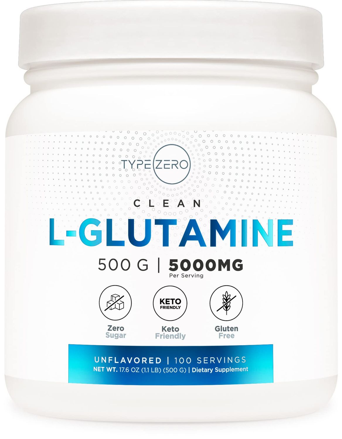 Type Zero L-Glutamine Powder (500G) 3-Month Supply Pure L-Glutamine Supplement - Vegan, Gluten Free, No Fillers