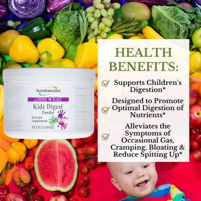 Kidz Digest Powder, 47g - #1 Practitioner Recommended - Supports Healthy Digestion and Alleviate The Symptoms of Gas, Cramping, Bloating and Spitting up by Transformation Enzymes. (47)