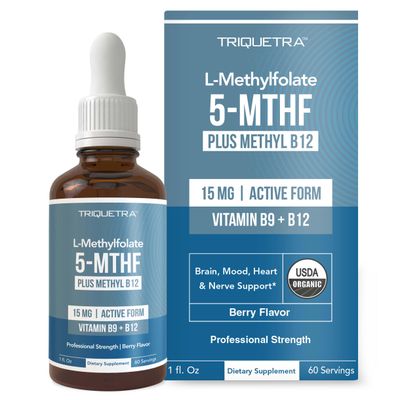 L Methyl Folate 15mg Plus Methyl B12 Cofactor - Organic, Berry Flavor, Professional Strength, Liquid Sublingual, Active 5-MTHF Form - Supports Mood, Homocysteine Methylation, Cognition (1oz)