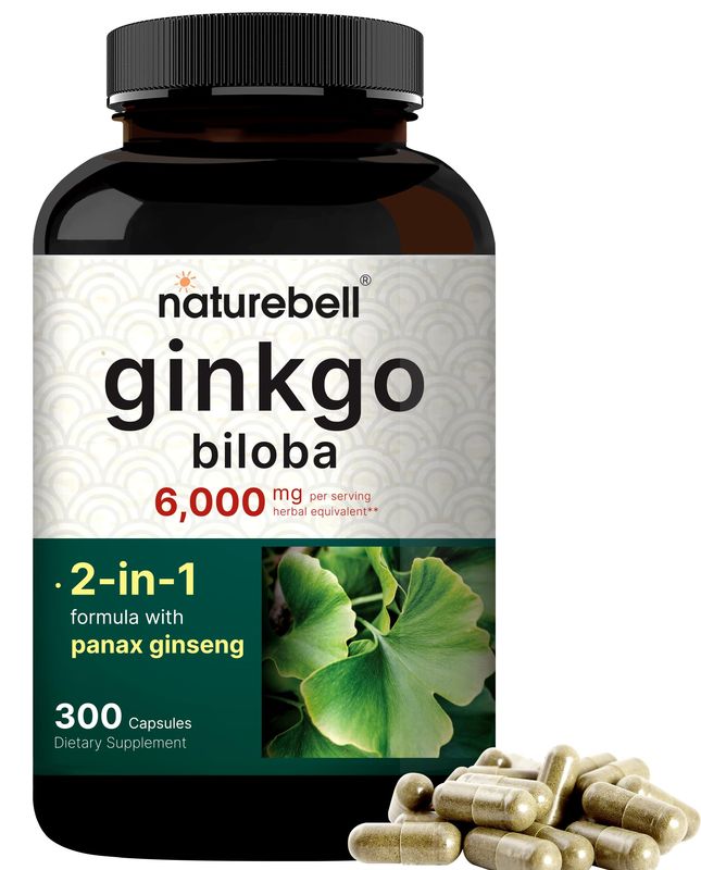 NatureBell Ginkgo Biloba 6,000mg with Panax Ginseng 500mg Per Serving | 300 Capsules - Max Strength Ginko Biloba Extract Supplements - Promotes Memory, Focus, and Brain Health