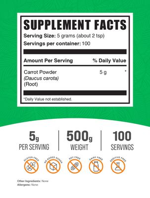 BulkSupplements.com Carrot Powder - Superfood Powder Supplement, Carrot Supplement - for Smoothies & Baking, Vegan & Gluten Free, 5g per Serving, 500g (1.1 lbs) (Pack of 1)