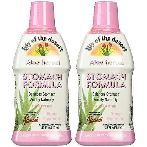 Lily Of The Desert Stomach Formula, Organic Aloe Vera Juice with Slippery Elm, Chamomile, Peppermint, and Ginger for Gut Health, Acid Reflux, Heartburn Relief, 32 Oz (Pack of 2)