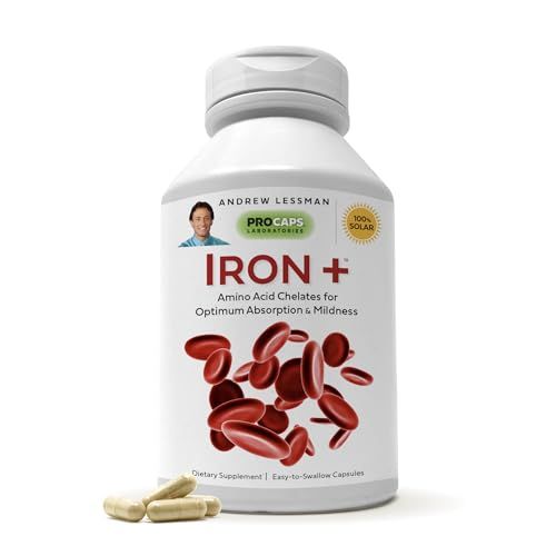 Andrew Lessman Iron Plus 180 Capsules - 18mg Iron, 100% Pure Amino Acid Chelated Iron (Glycinate &amp; Aspartate), Plus Vitamin C for Increased Absorption, Small, Easy to Swallow Capsules, No Additives