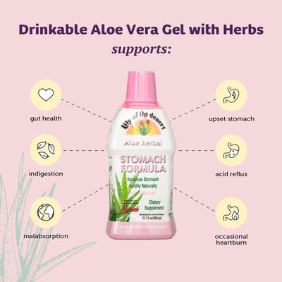 Lily Of The Desert Stomach Formula, Organic Aloe Vera Juice with Slippery Elm, Chamomile, Peppermint, and Ginger for Gut Health, Acid Reflux, Heartburn Relief, 32 Oz (Pack of 2)