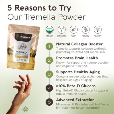 Longevity Botanicals Organic Tremella Mushroom Powder - Ultra Concentrated Tremella Mushroom Supplement - Promotes Healthy Skin and Memory - 100% Fruiting Body - 100 Grams