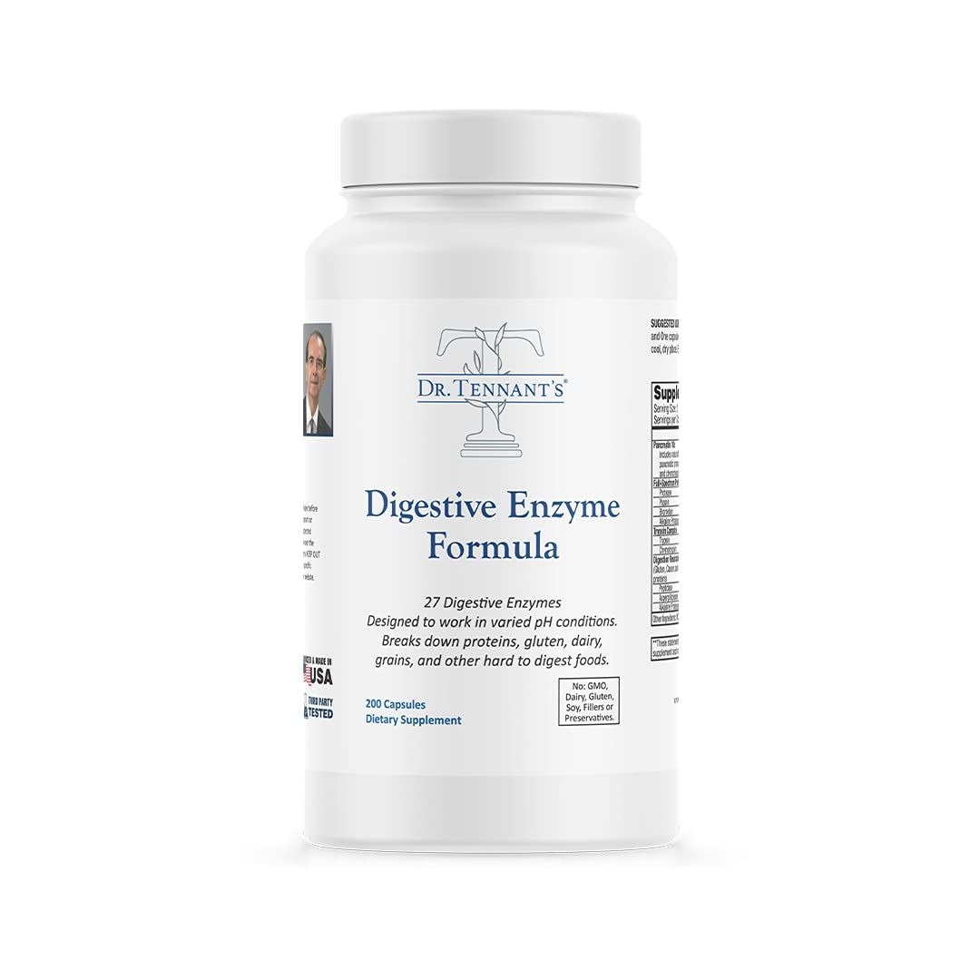 Dr Tennant&#39;s - Digestive Enzymes Formula - GERD, Heartburn &amp; Acid Reflux Relief - Digest Foods Properly For Gut Health, Bloating Relief For Women and Men, 2x DPP-IV Enzyme Targeting Gluten - 200 Count