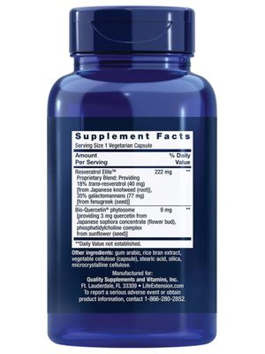 Life Extension Optimized Resveratrol Elite, Trans-resveratrol, quercetin, Healthy Aging, Heart Health, Brain Health, oxidative Stress, Gluten-Free, Non-GMO, Vegetarian, 60 Capsules