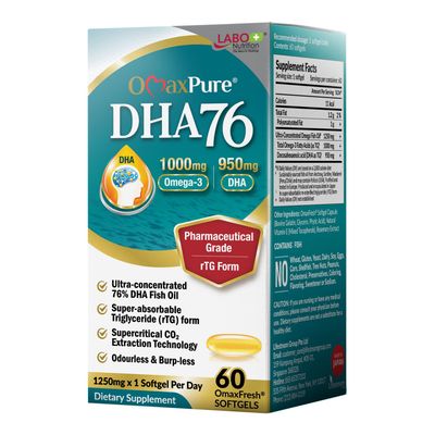 LABO Nutrition OmaxPure DHA76 Omega 3 Fish Oil, Ultra-Concentrated 76% 950mg DHA, EPA, 60 Count, Pharmaceutical Grade, Supercritical CO2 Extracted rTG Form, for Heart, Joint, Brain &amp; Immune Health