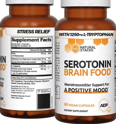 NATURAL STACKS Serotonin Brain Food w/L-Tryptophan &amp; Rhodiola Rosea - Mood Support Supplement - Promotes Positive Mood, Calmness, Stress Relief - Happy Mood &amp; Brain Support Supplement - 60 Capsules