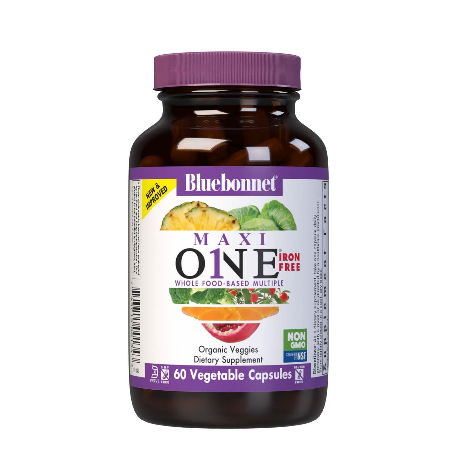 Bluebonnet Nutrition Maxi One (Iron-Free), Whole Food Multiple, Enzymes, Energy, Vitality, Gluten-Free, Kosher, Dairy-Free, Vegetarian Friendly, Soy-Free, Non-GMO, 60 Vegetable Capsule, 2 Month Supply