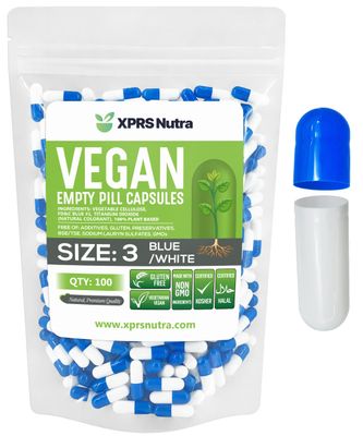 XPRS Nutra Size 3 Empty Capsules - 100 Count Empty Vegan Capsules - Vegetarian Empty Pill Capsules - DIY Vegetable Capsule Filling - Veggie Pill Capsules Empty Caps (Blue/White)