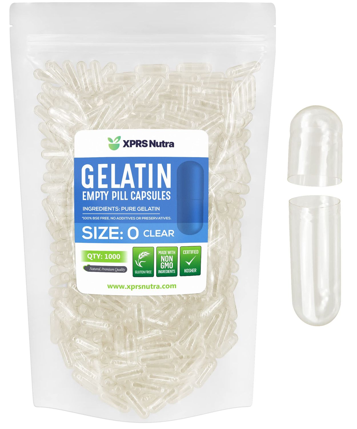 Capsules Express- Size 0 Clear Empty Gelatin Capsules 1000 Count - Kosher and Halal - Pure Gelatin Pill Capsule - DIY Powder Filling