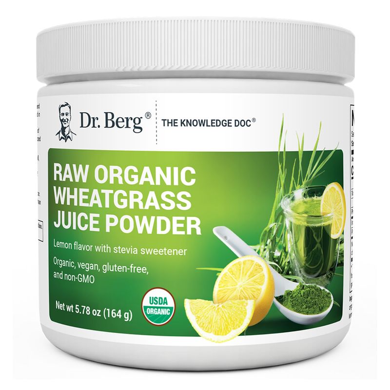 Dr. Berg USDA Certified Organic Green Powder Superfood (60 Servings) - Made with Raw Wheatgrass Powder, Chlorophyll, Trace Minerals &amp; Natural Enzymes - Non-GMO Green Superfood Powder - Lemon Flavor