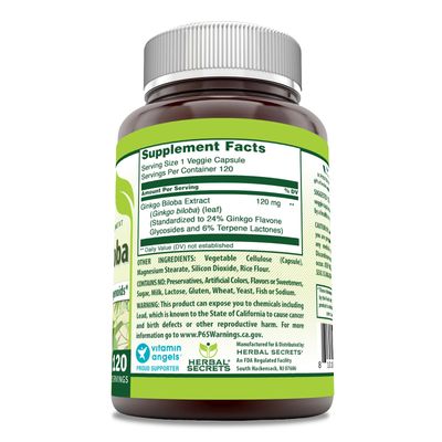 Herbal Secrets Ginkgo Biloba Supplement 120mg 120 Capsules | Standardized to Contain 24% Ginkgo Flavone Glycosides | Non-GMO | Gluten Free | Made in USA