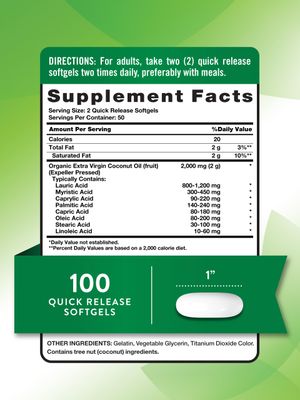 Nature's Truth Coconut Oil Supplement | 100 Softgels | Naturally Occurring MCTs | Non-GMO &amp; Gluten Free