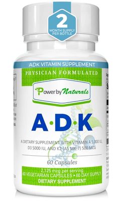 Power By Naturals ADK Vitamin Supplement: Vitamin A, Vitamin D3 5000 iu, and Vitamin K2 MK-7, Support Bone Health Vitamin ADK Supplement, Pure Vitamin D with K &amp; A, 60 Capsules (2 Month Supply)