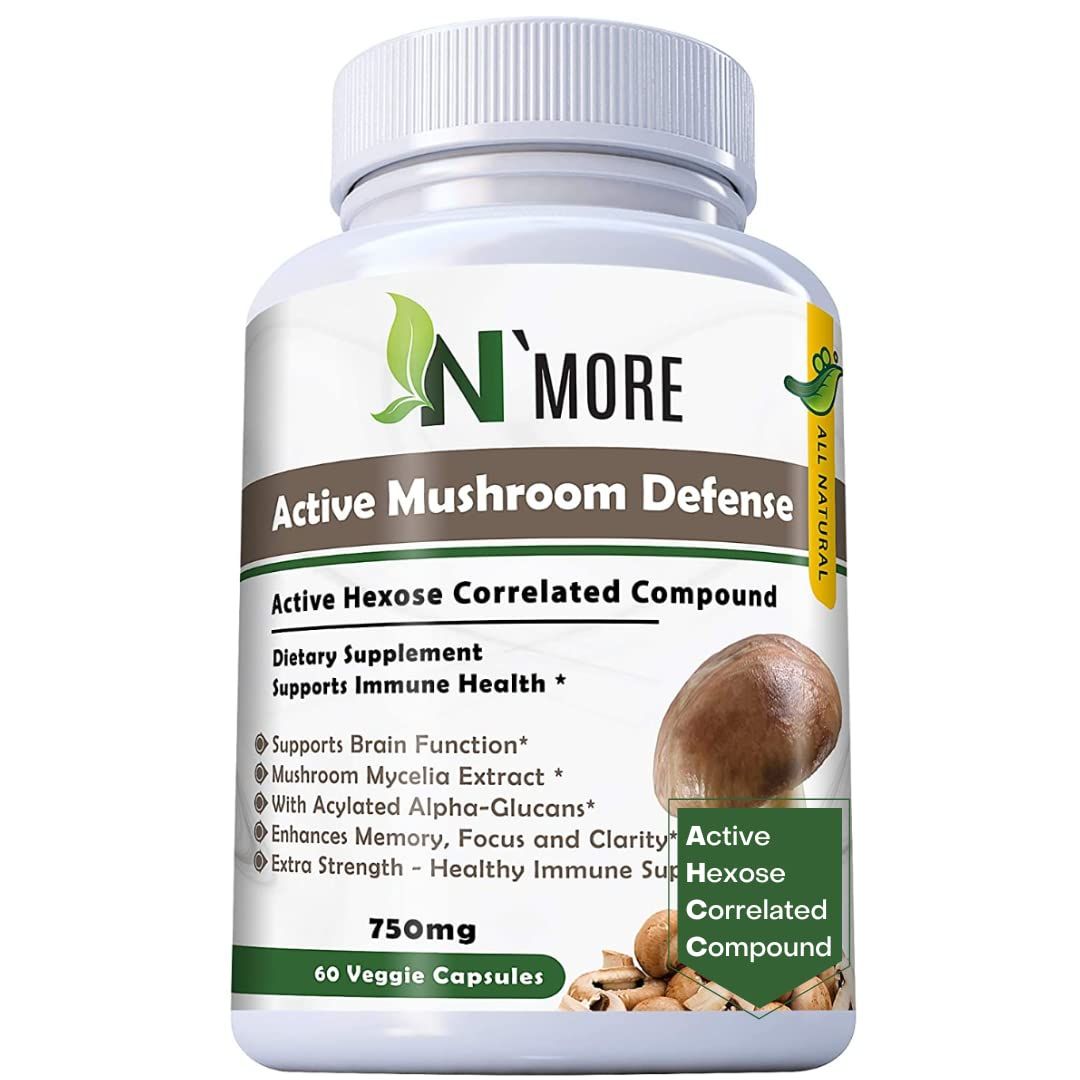 N&#39; MORE Six Active Mushroom Defense Dietary Supplement Supports Immune Health 60 Veggie Capsules 750 mg