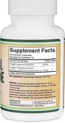 Liposomal Glutathione Supplement 500mg per Serving, 60 Capsules (Vegan Safe, Non-GMO) Max Absorption Liposomal Glutathione with Genuine Smell and Taste by Double Wood
