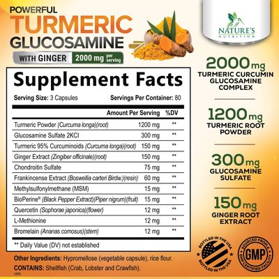 Turmeric Curcumin Supplement 2000mg with Glucosamine Chondroitin &amp; Ginger, 95% Curcuminoids, BioPerine Black Pepper for Best Absorption, Nature's Joint Support, Non-GMO, Bottled in USA - 240 Capsules