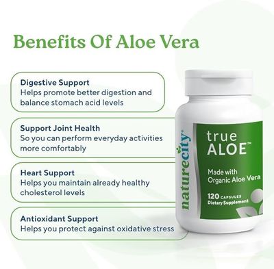 NatureCity True-Aloe 80,000mg Aloe Vera Gel Equivalent Per Serving - Made with Organic Aloe Vera (120 Capsules) Digestive, Skin and Joint Support | Small Easy-to-Swallow Pills