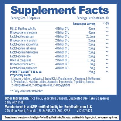 BodyHealth Probiotic Enhanced with PerfectAmino, Digestive Probiotic for Women and Men, Spore Based Probiotic with Bifidobacterium, Lactobacillus Salivarius, Lactobacillus Acidophilus (60 Capsules)