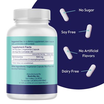 BESTVITE Benfotiamine 300mg (60 Vegetarian Capsules) No Stearates - No Silicon Dioxide - Vegan - Non GMO - Gluten Free