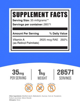 BulkSupplements.com Vitamin A Palmitate Powder - as Retinol Palmitate, Vitamin A Supplement for Immune & Eye Support - Gluten Free, 35mg per Serving, 1kg (2.2 lbs) (Pack of 1)