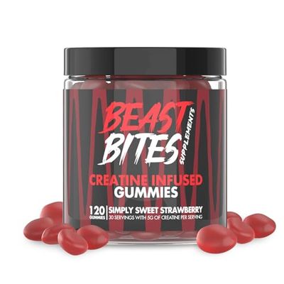 BEAST BITES - Creatine Bites - 5g Creatine Monohydrate Per Serving - No Sugar or Artificial Colors - Low-Calorie, Vegan &amp; Halal - Made in The USA - Strawberry Flavor - 30 Gummies