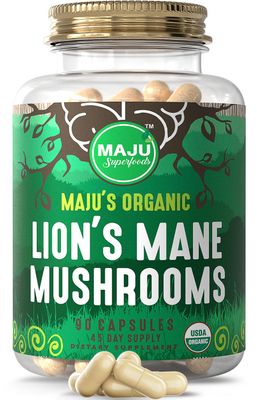 MAJU Organic Lions Mane Mushroom Capsules 90ct, Fruiting Bodies Steam Extract, Organic Mushrooms w/Black Pepper Extract, Hericium Erinaceus