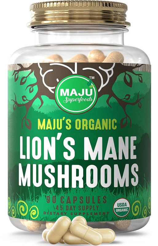 MAJU Organic Lions Mane Mushroom Capsules 90ct, Fruiting Bodies Steam Extract, Organic Mushrooms w/Black Pepper Extract, Hericium Erinaceus