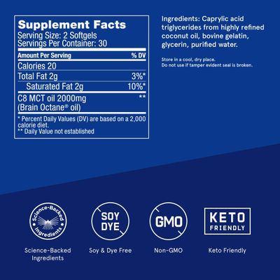 Bulletproof Brain Octane Softgels, 60 Count, Pure C8 MCT Oil for Sustained Ennergy