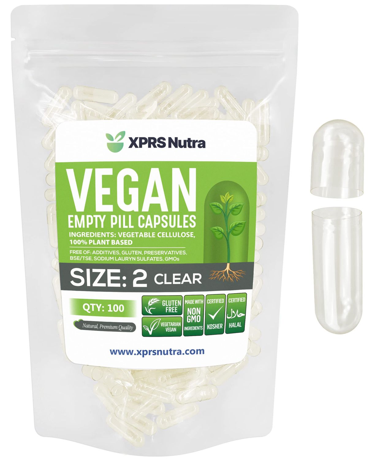 XPRS Nutra Size 2 Empty Capsules - 100 Clear Empty Vegan Capsules - Vegetarian Empty Pill Capsules - DIY Vegetable Capsule Filling - Veggie Pill Capsules Empty Caps Pills