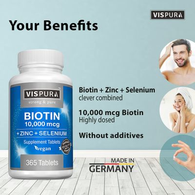 Biotin 10000 mcg + Zinc + Selenium, Pure, Vegan &amp; Extra Strong, Best Supplement for Hair Growth, Glowing Skin, Strong Nails*, 365 Tablets for 12 Months, Natural Without Additives