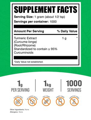 BulkSupplements.com Turmeric Extract Powder - from Turmeric Root, Curcumin Supplements 1000mg, Turmeric Curcumin Powder - Gluten Free, 1000mg per Serving, 1kg (2.2 lbs) (Pack of 1)