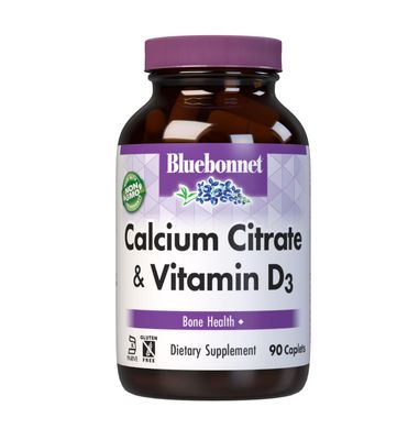 Bluebonnet Nutrition Calcium Citrate &amp; Vitamin D3, Bone Health*, Non-GMO, Kosher Parve, Gluten-Free, Soy-Free, 90 Caplets, 22.5 Servings