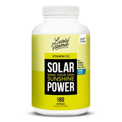 LIVELY VITAMIN CO. Solar Power Vitamin D3 2000 iu - Patented Vitamin K - MK7 - Immune Balance - Brain Function - Mood - Heart - Stress - 180 Count