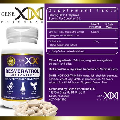 Genex Formulas Trans Resveratrol 1000mg Serving 99% Pure Micronized Pharmaceutical Grade Trans-Resveratrol + Bioperine Extract mad in a GMP &amp; NSF Certified Facility (4X 250mg Cpasules 120ct)