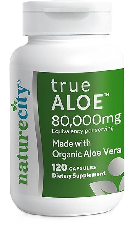 NatureCity True-Aloe 80,000mg Aloe Vera Gel Equivalent Per Serving - Made with Organic Aloe Vera (120 Capsules) Digestive, Skin and Joint Support | Small Easy-to-Swallow Pills