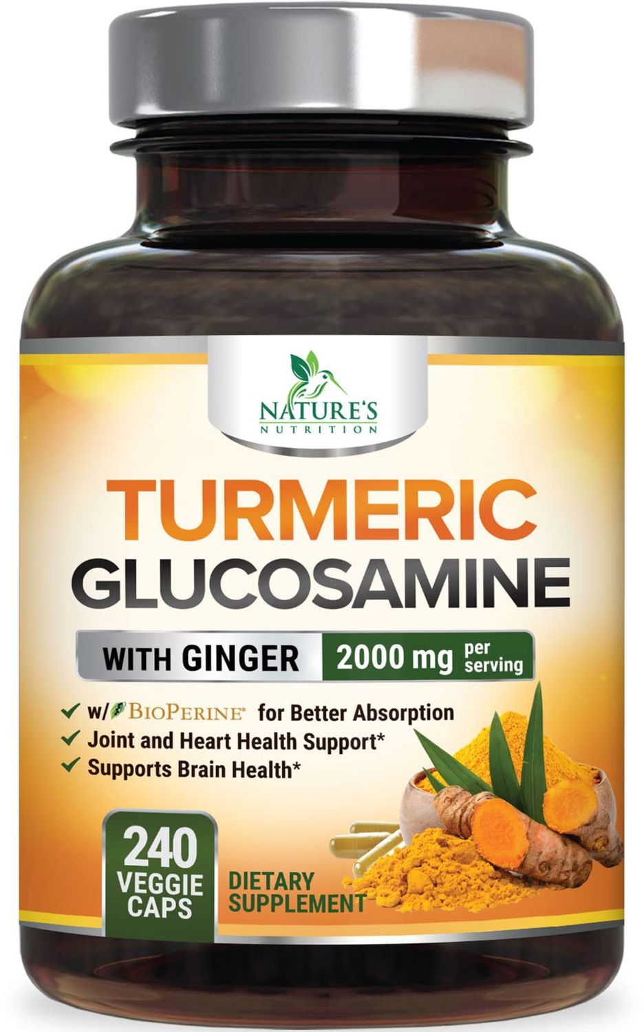 Turmeric Curcumin Supplement 2000mg with Glucosamine Chondroitin &amp; Ginger, 95% Curcuminoids, BioPerine Black Pepper for Best Absorption, Nature&#39;s Joint Support, Non-GMO, Bottled in USA - 240 Capsules