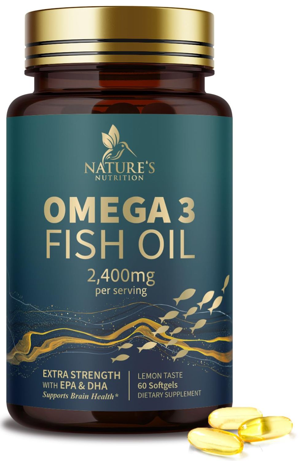 Triple Strength Omega 3 Fish Oil 2400 mg Softgels, Nature&#39;s Fish Oil Supplements, Brain &amp; Heart Health Support - EPA &amp; DHA, 1200 MG Fish Oil in Each Softgel, Omega-3 Supplement - 60 Fish Oil Softgels