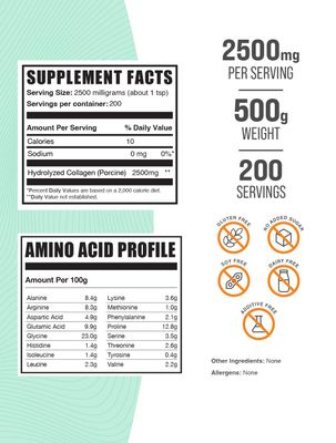 BulkSupplements.com Porcine Collagen Powder - Hydrolyzed Collagen Powder, Collagen Supplement, Collagen Protein Powder - Gluten Free, 2500mg per Serving, 500g (1.1 lbs) (Pack of 1)